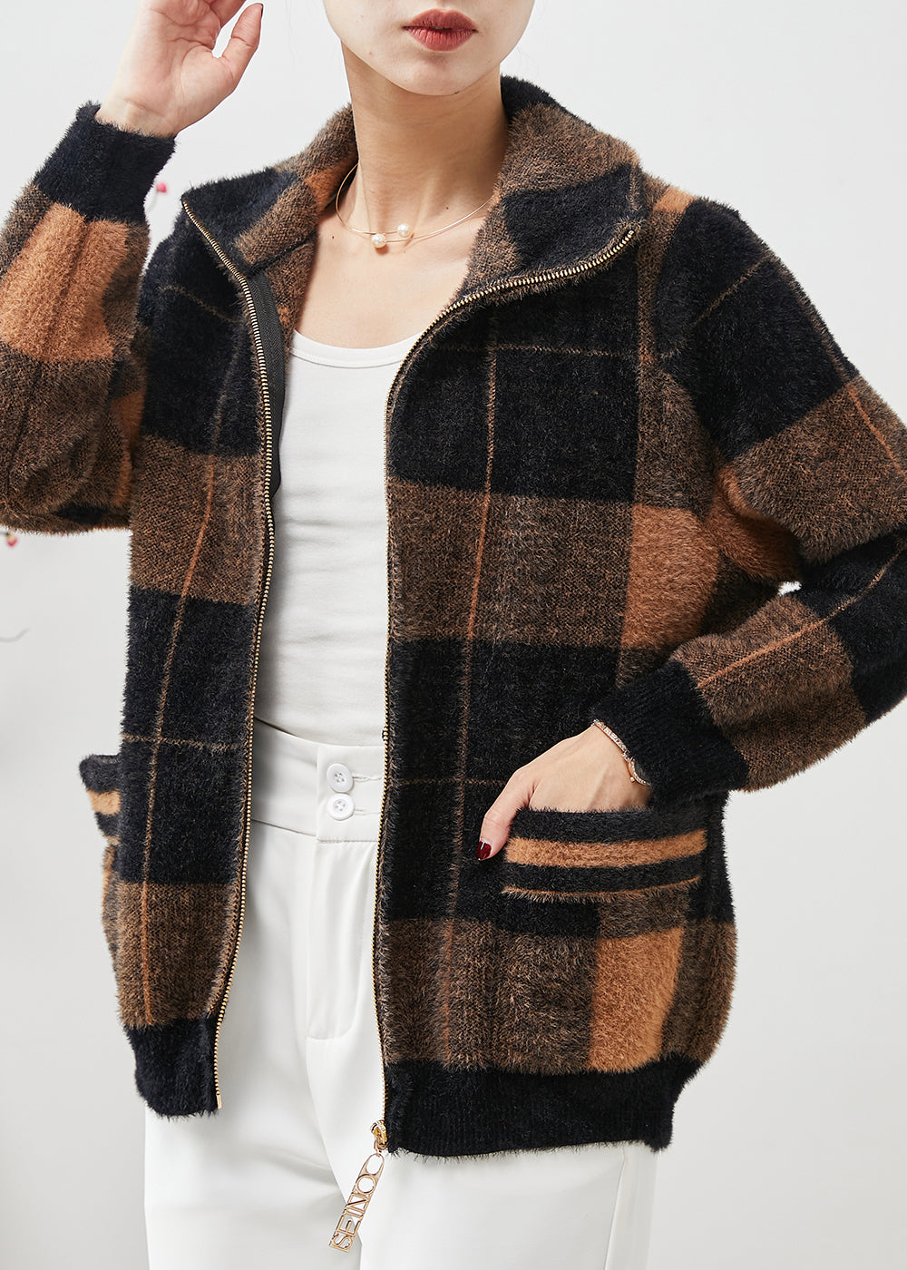 Colorblock Zip Up Plaid Mink Velvet Coats Spring