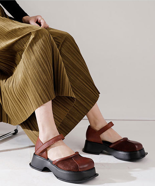 Cowhide Leather Splicing Platform Buckle Strap Loafer Shoes
