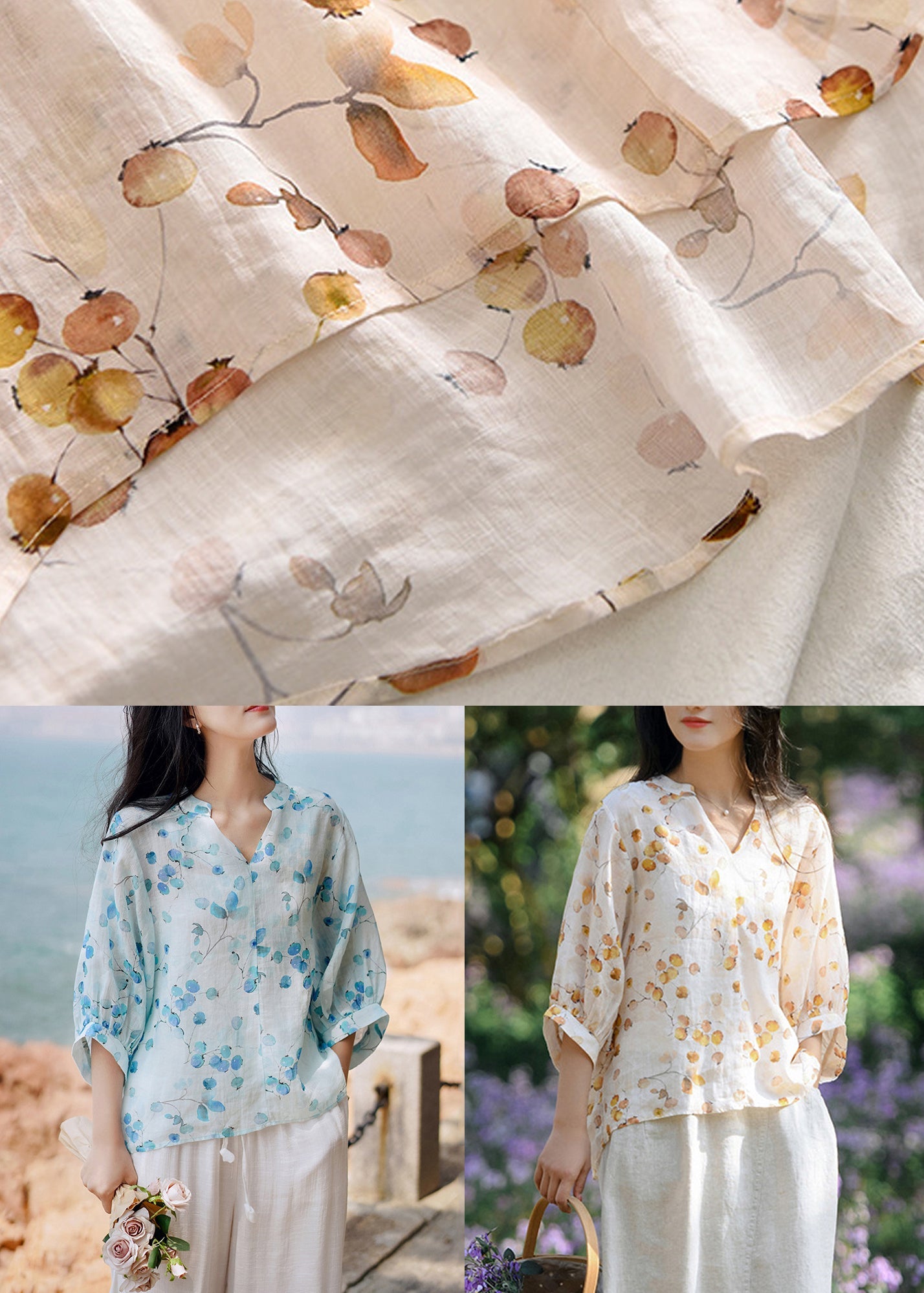 Blue V Neck Print Linen Shirt Tops Lantern Sleeve