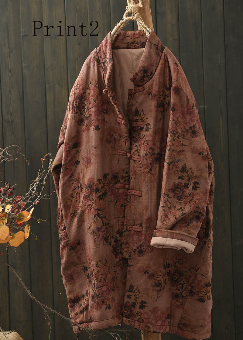 Stand Collar Print Oriental Button Fine Cotton Filled Coat Spring