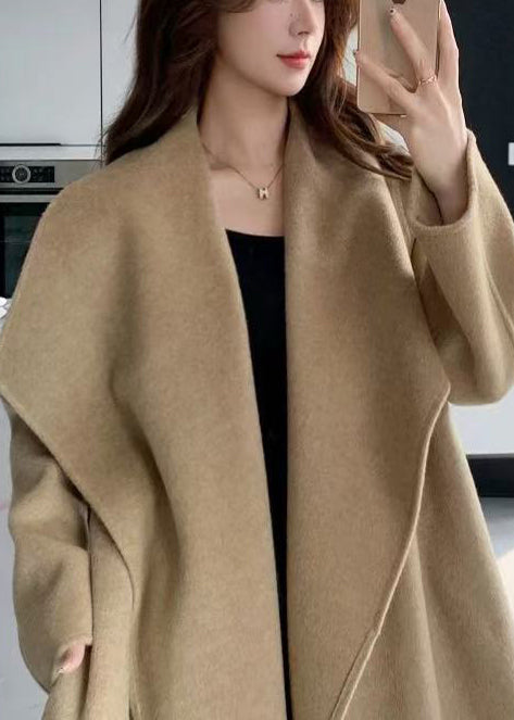 Light Camel Peter Pan Collar Tie Waist Woolen Coat Winter