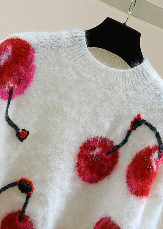Organic White Embroidered Nail Bead Cotton Knit Sweaterswinter