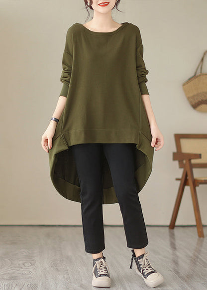 Black O Neck Low High Design Cotton Tops Spring