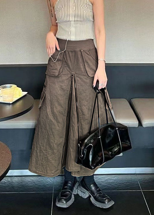 Chocolate Zip Up Pockets Silk a Line Skirt Fall