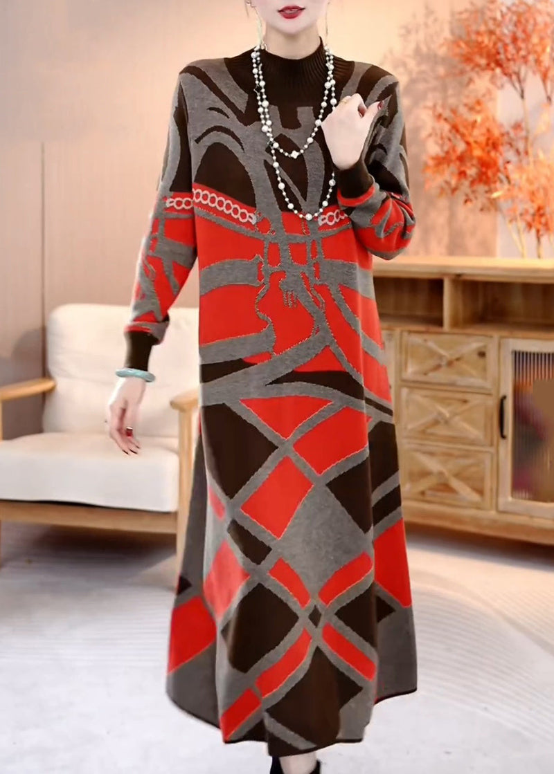 Grey Turtleneck Patchwork Knit Sweater Dress Winter
