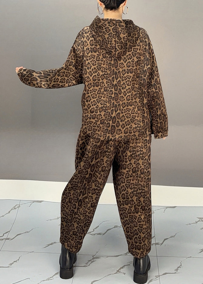 Khaki Leopard Warm Fleece Hooded Coats and Harem Pants Two Pieces Set Winter