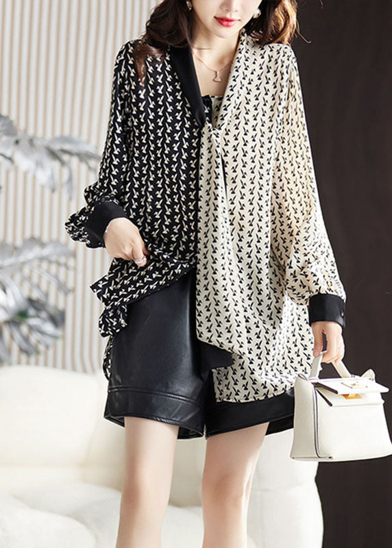 Black V Neck Contrast Color Print Chiffon Shirt Fall