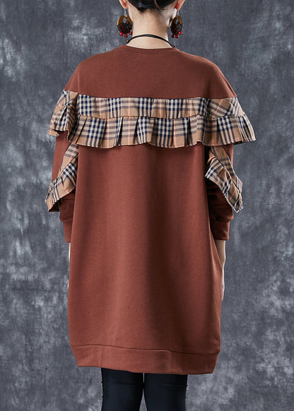 Brown Ruffled Patchwork Cotton Sweatshirts Dress Fall
