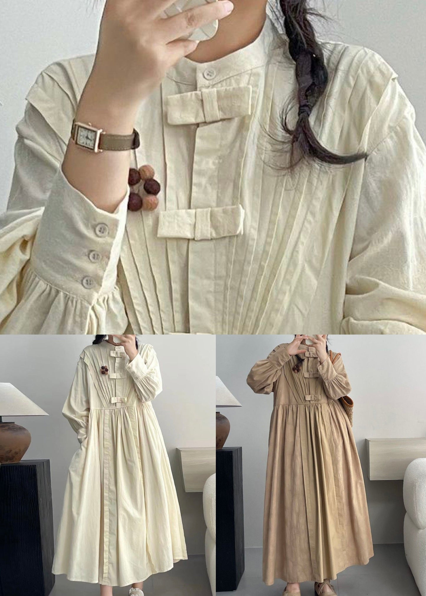 Khaki Pockets Cotton Dresses Stand Collar Spring