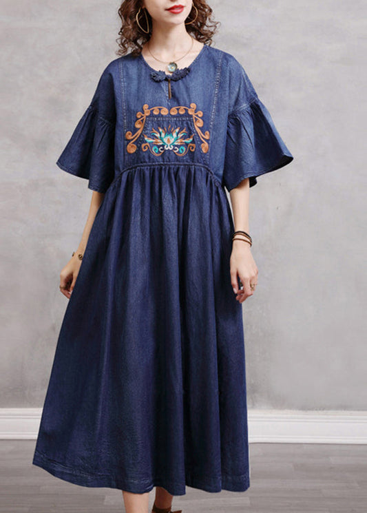 Stylish Blue O-neck Cinched Embroideried Cotton Denim Dresses Butterfly Sleeve