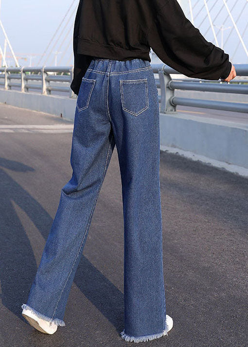 Blue Elastic Waist Drawstring Draping Cotton Denim Wide Leg Pants Summer