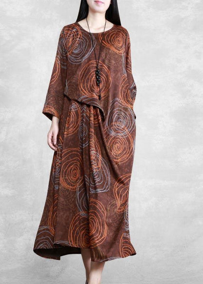 Chocolate Print Quilting Clothes O Neck Asymmetric Spring Dresses