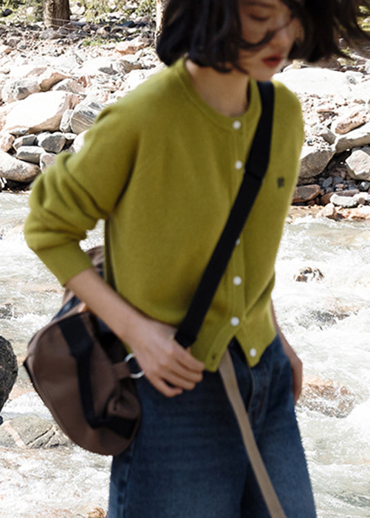 Green O-neck Cozy Woolen Knit Cardigan Long Sleeve