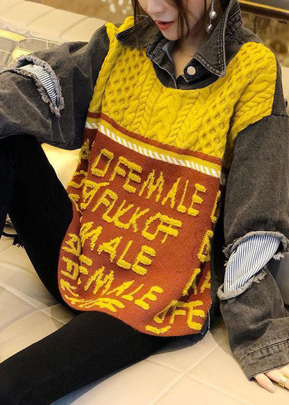 Yellow Denim Patchwork Loose Jacquard Fall Knit Top