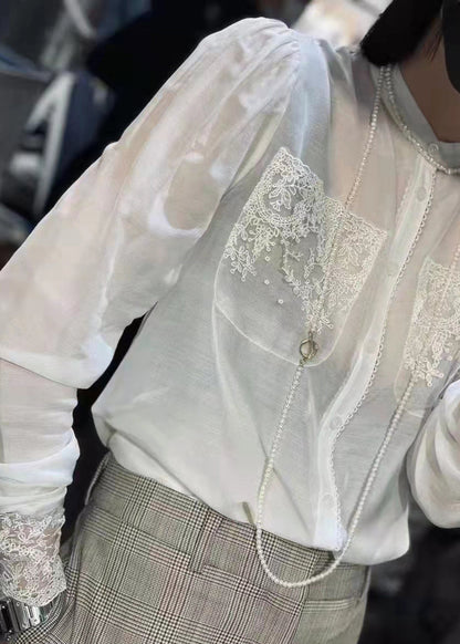 White Stand Collar Button Lace Patchwork Silk Blouses Long Sleeve