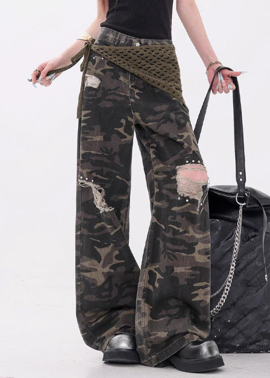Camouflage Hole Pockets Patchwork Denim Pants Fall