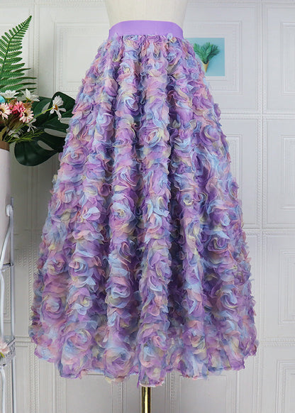 Gradient Color Purple Embroideried Elastic Waist Tulle Maxi Skirt Long Sleeve