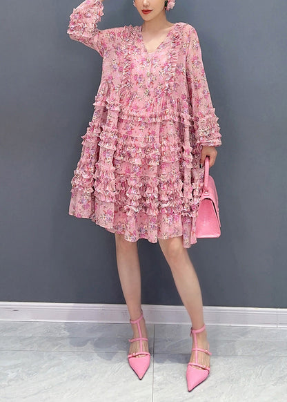 Pink V Neck Ruffled Patchwork Print Chiffon Mid Dress Long Sleeve