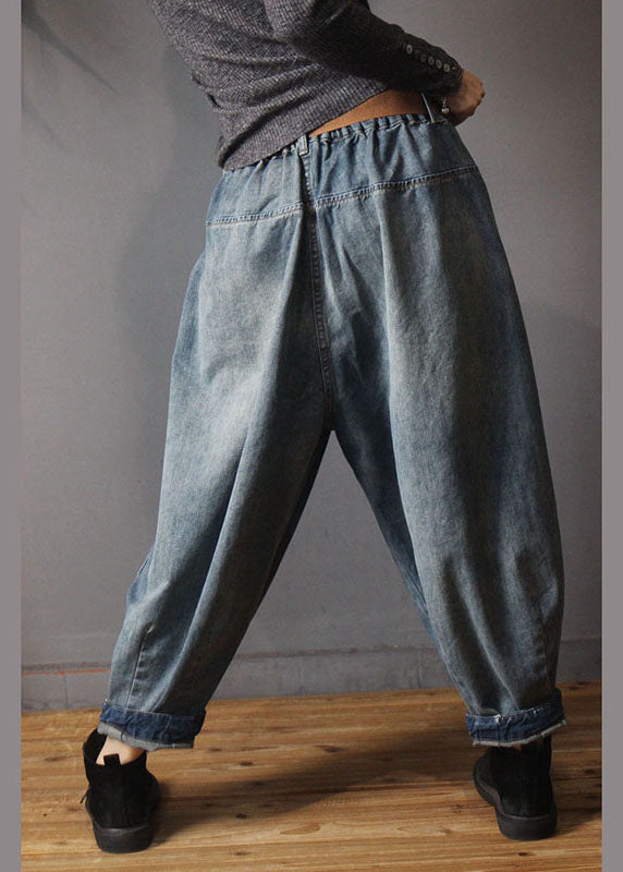 Loose Blue Retro Pockets Button Lantern Fall Denim Pants