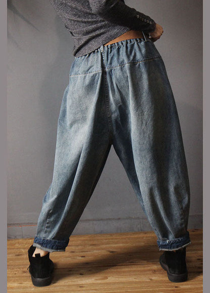 Loose Blue Retro Pockets Button Lantern Fall Denim Pants