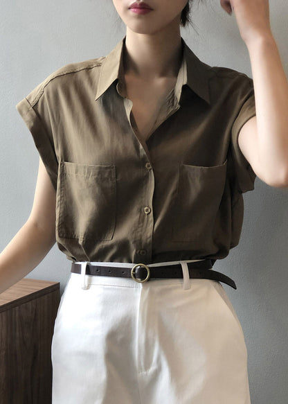 Coffee Button Loose Shirts Short Sleeve