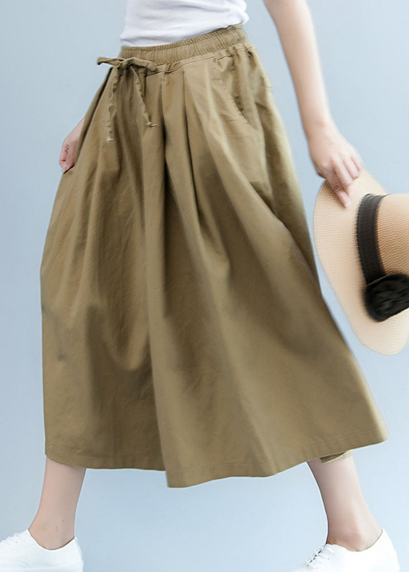 Khaki Pockets Cotton Wide Leg Pants Spring