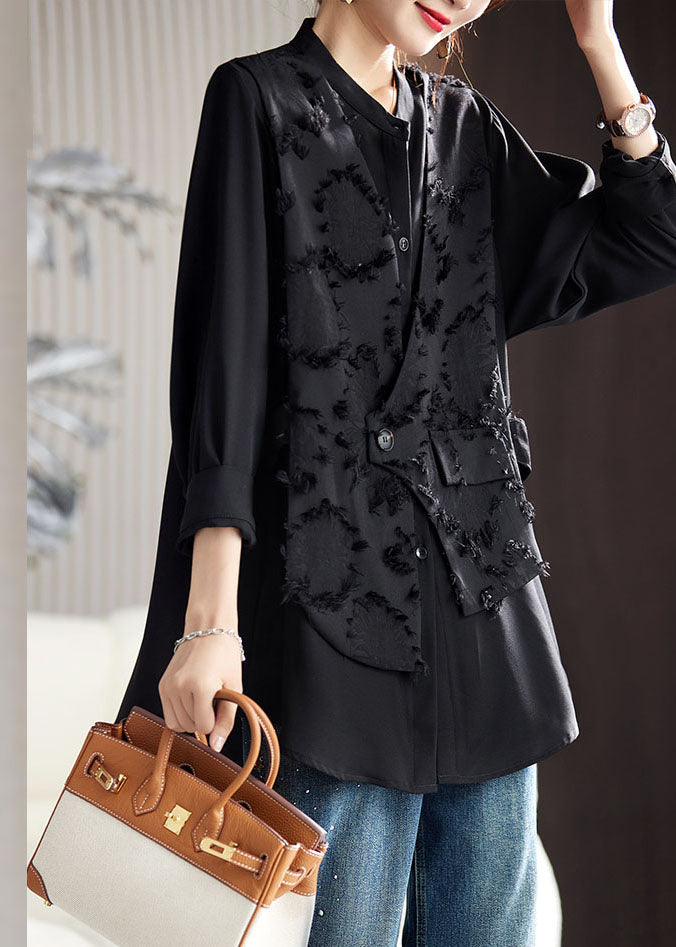 Black O-neck Patchwork Fake Two Pieces Chiffon Top Fall