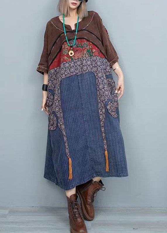 Colorblock Print Patchwork Denim Maxi Dresses Long Sleeve