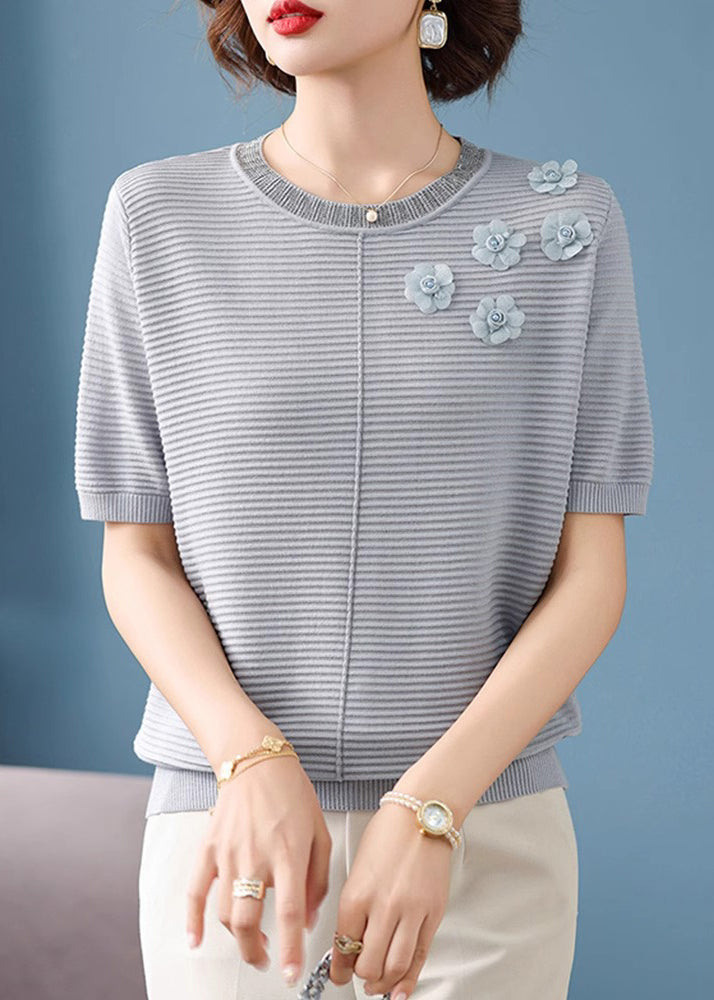 French Grey Striped Ice Silk Top Short Sleeve