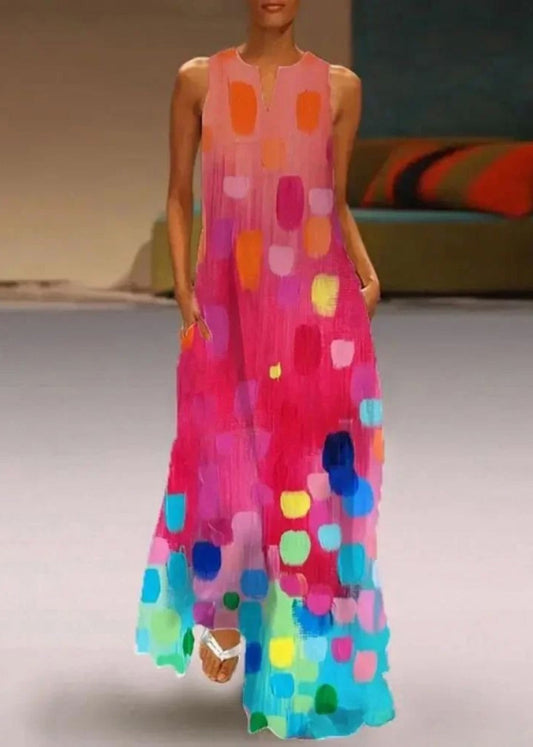 ' Red V-neck Printed Sleeveless Maxi Dress