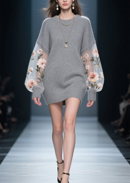 New Grey O Neck Tulle Patchwork Knit Knitwear Dress Fall