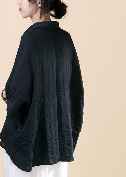 Black Button Peter Pan Collar Shirt Top Batwing Sleeve