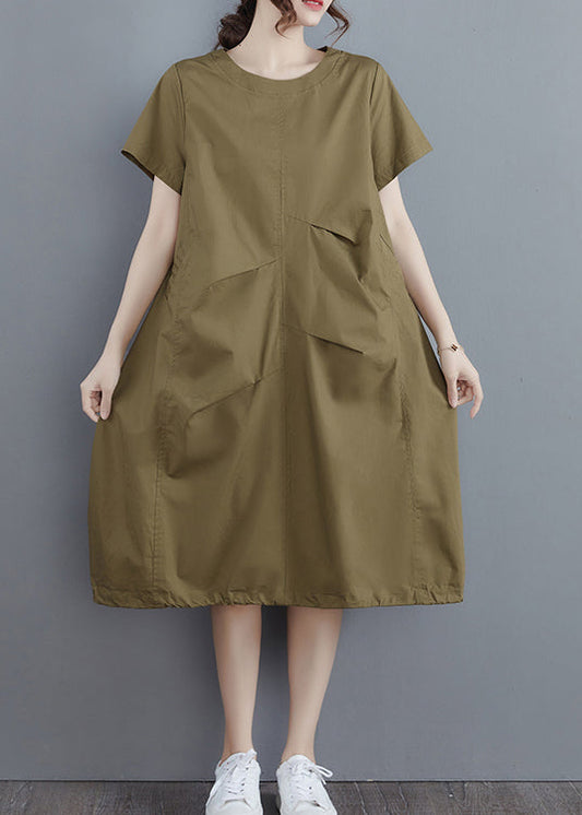 Army Green Ruffles O-neck Cotton Dress Short Sleeve