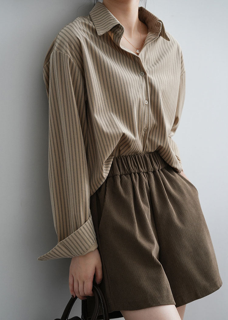 Mocha Peter Pan Collar Striped Low High Design Button Shirts Long Sleeve