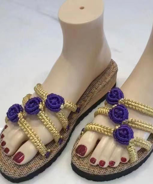 Splicing Wedge Black Knit Fabric Slide Sandals Peep Toe