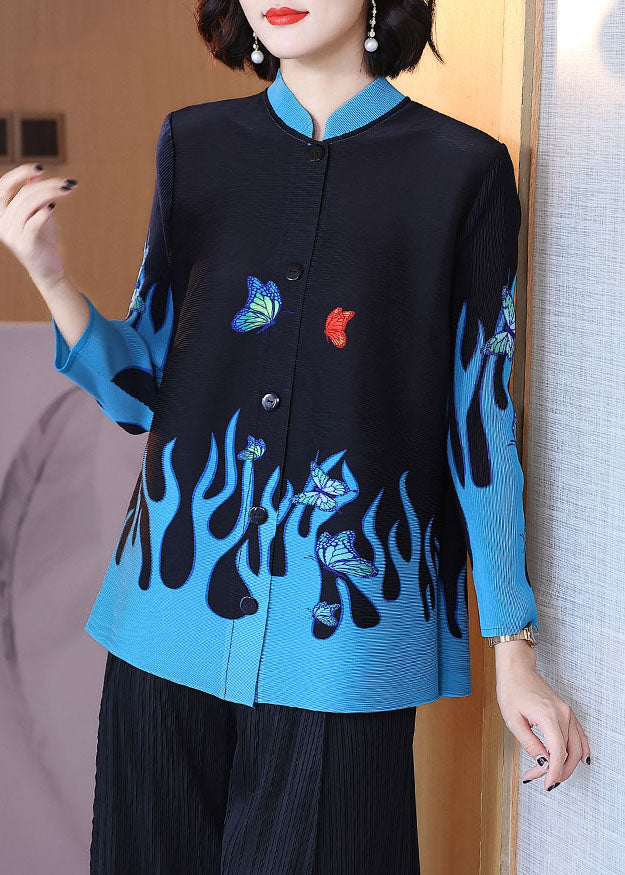 Black Stand Collar Print Button Shirt Long Sleeve