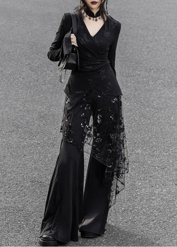 Black V Neck Patchwork Tulle Silm Fit Sets 2 Pieces Spring