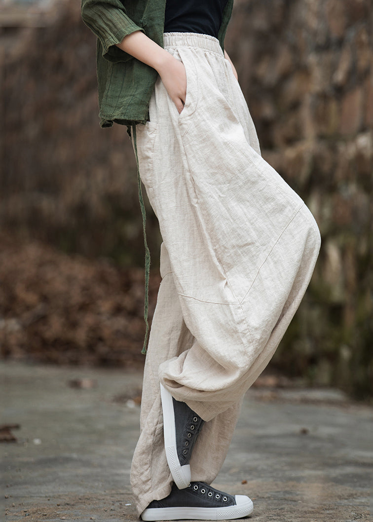 Beige Pockets Patchwork Linen Lantern Pants Elastic Waist Fall