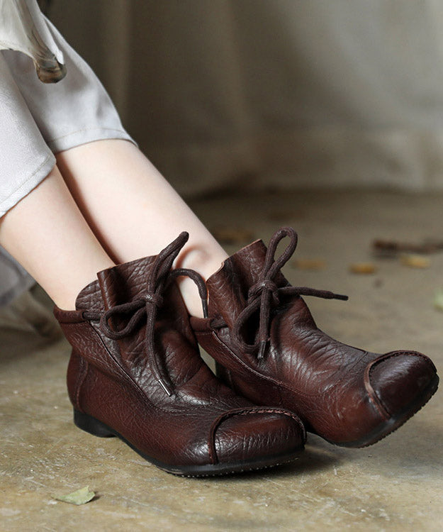 Chocolate Cowhide Leather Splicing Lace Up Ankle Boots