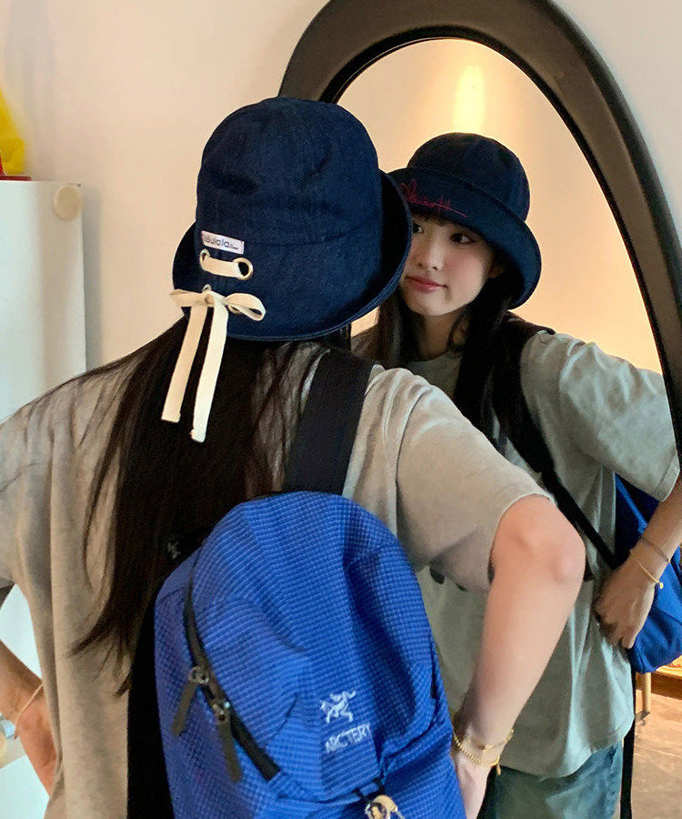 Japanese Style Navy Denim Embroidered Bucket Hat
