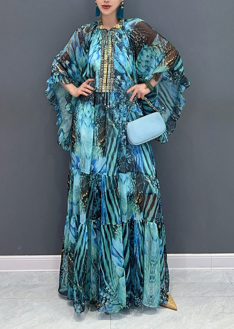 Pink Flower Ruffled Chiffon Maxi Dress Batwing Sleeve