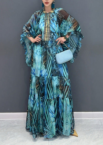 Pink Flower Ruffled Chiffon Maxi Dress Batwing Sleeve