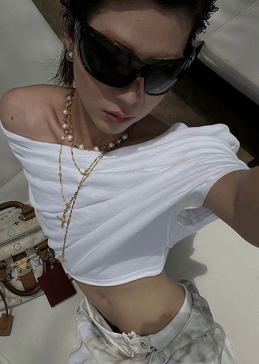 White Slash Neck Asymmetrical Cotton T Shirt Tops Summer