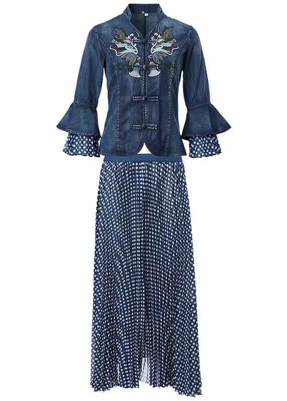 Art Blue Stand Collar Embroideried Denim Coats Flare Sleeve and Dot Print Chiffon Skirts Two Piece Set Clothing