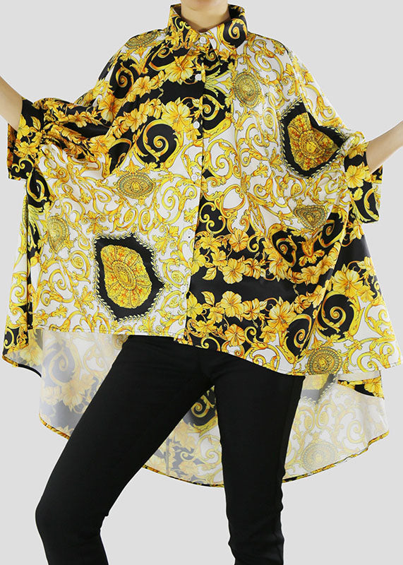 Diy Yellow Low High Design Peter Pan Collar Print Shirt Batwing Sleeve