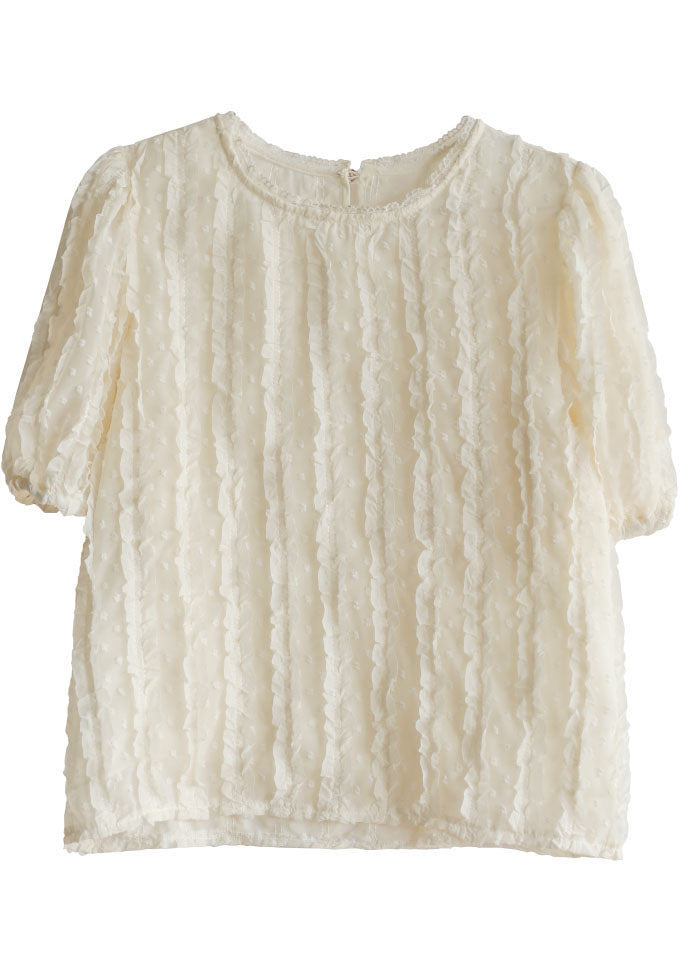 Beige O-neck Ruffled Jacquard Silk Shirts Short Sleeve