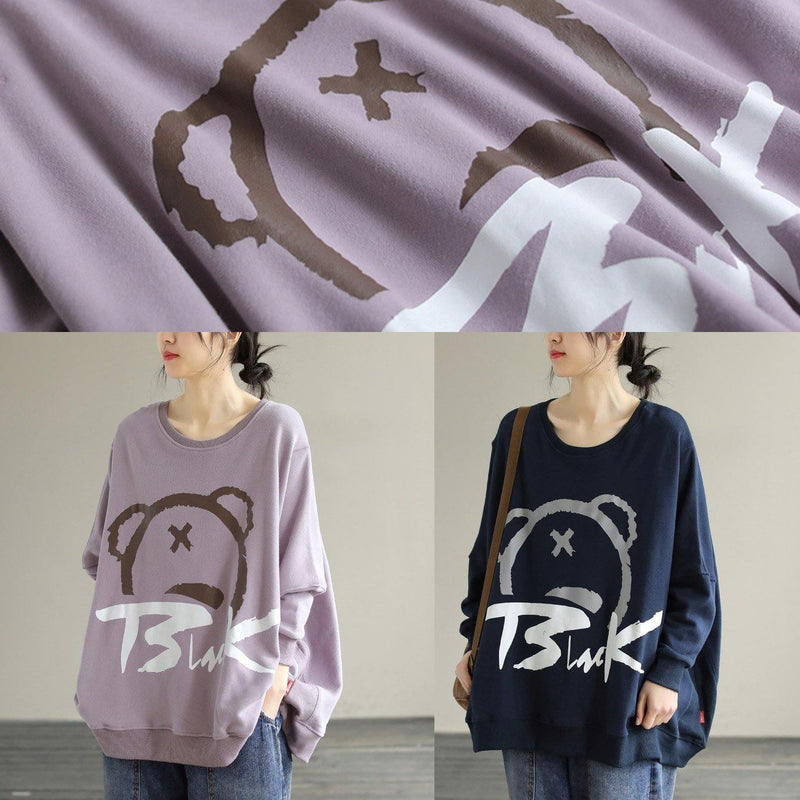 Modern Purple Cartoon Print Cotton Shirts O Neck Loose Spring Shirts