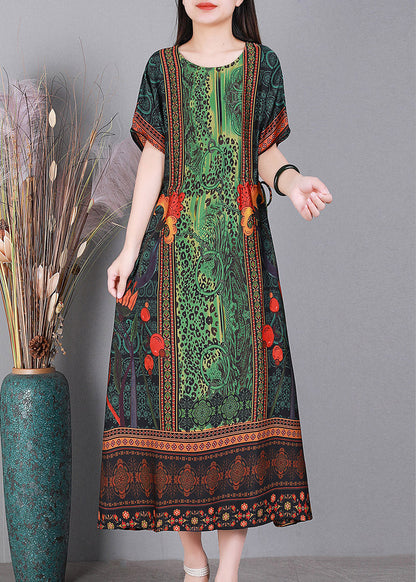 Simple Green O-neck Print Silk Long Dresses Short Sleeve