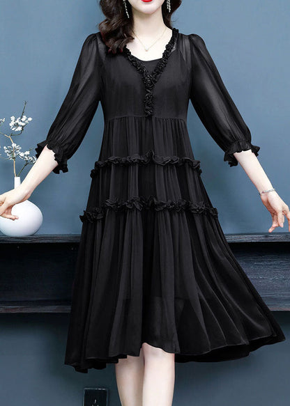 Black Ruffled Patchwork Silk Two Piece Set Dresses Summer