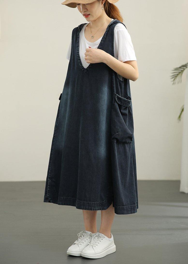 V-neck Denim Dress Double Pocket Loose Large T-shirt Two Piece Set